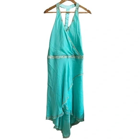 Laundry by Shelli Segal Silk Teal Halter Dress Y2K Fairy Maxi Size 8
